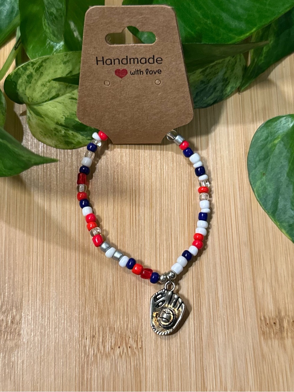 ⚾✨ Baseball Stretchy Beaded Bracelet | Handmade | Silver Baseball Dangle Charm